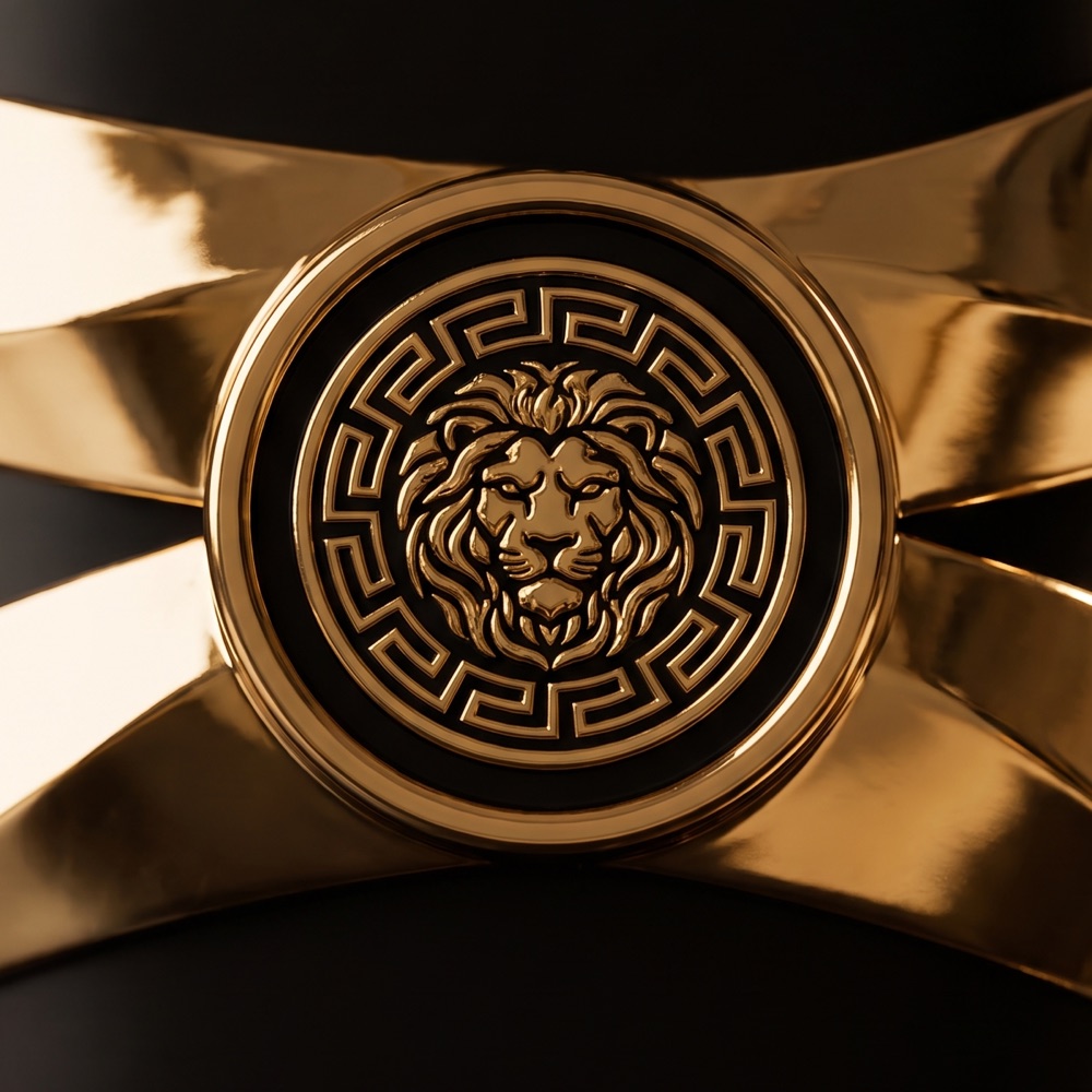 Detalhe do medalhão dourado com a cabeça de leão no frasco do Asad