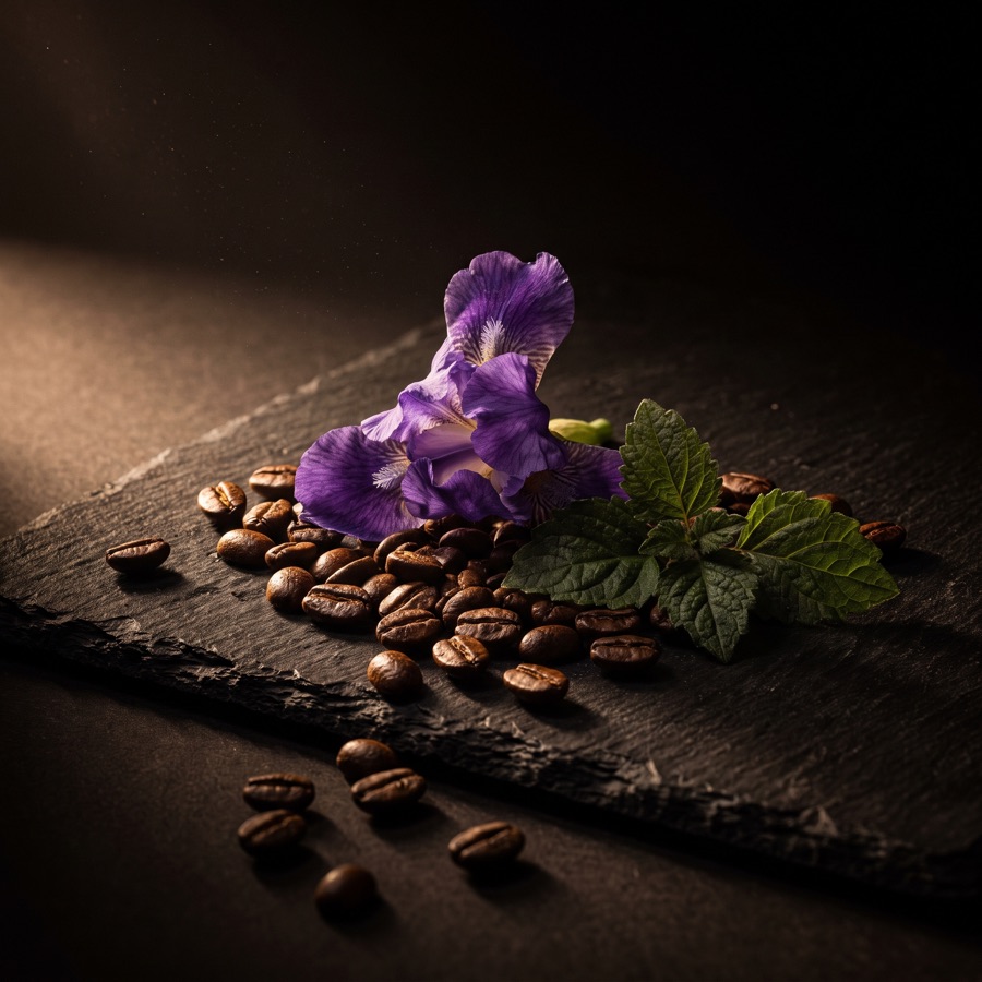 Grãos de café, flor de íris e folhas de patchouli sobre ardósia